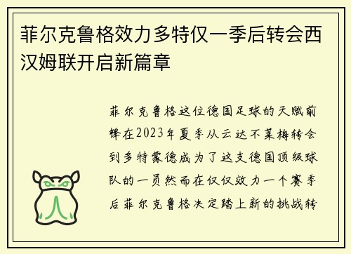 菲尔克鲁格效力多特仅一季后转会西汉姆联开启新篇章