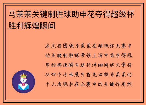 马莱莱关键制胜球助申花夺得超级杯胜利辉煌瞬间