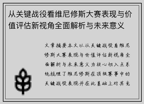 从关键战役看维尼修斯大赛表现与价值评估新视角全面解析与未来意义